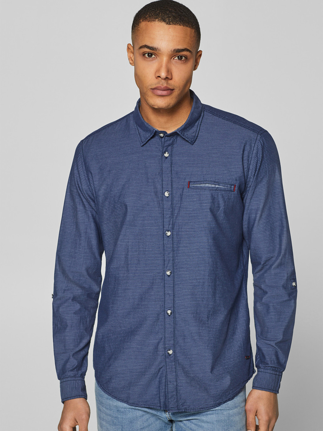 Buy ESPRIT Men Navy Blue & White Slim Fit Striped Casual Shirt Shirts