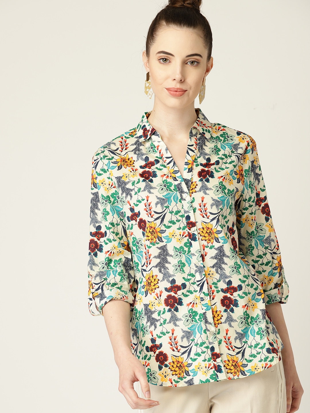 Buy ESPRIT Women Cream Coloured & Green Floral Print Casual Shirt ...