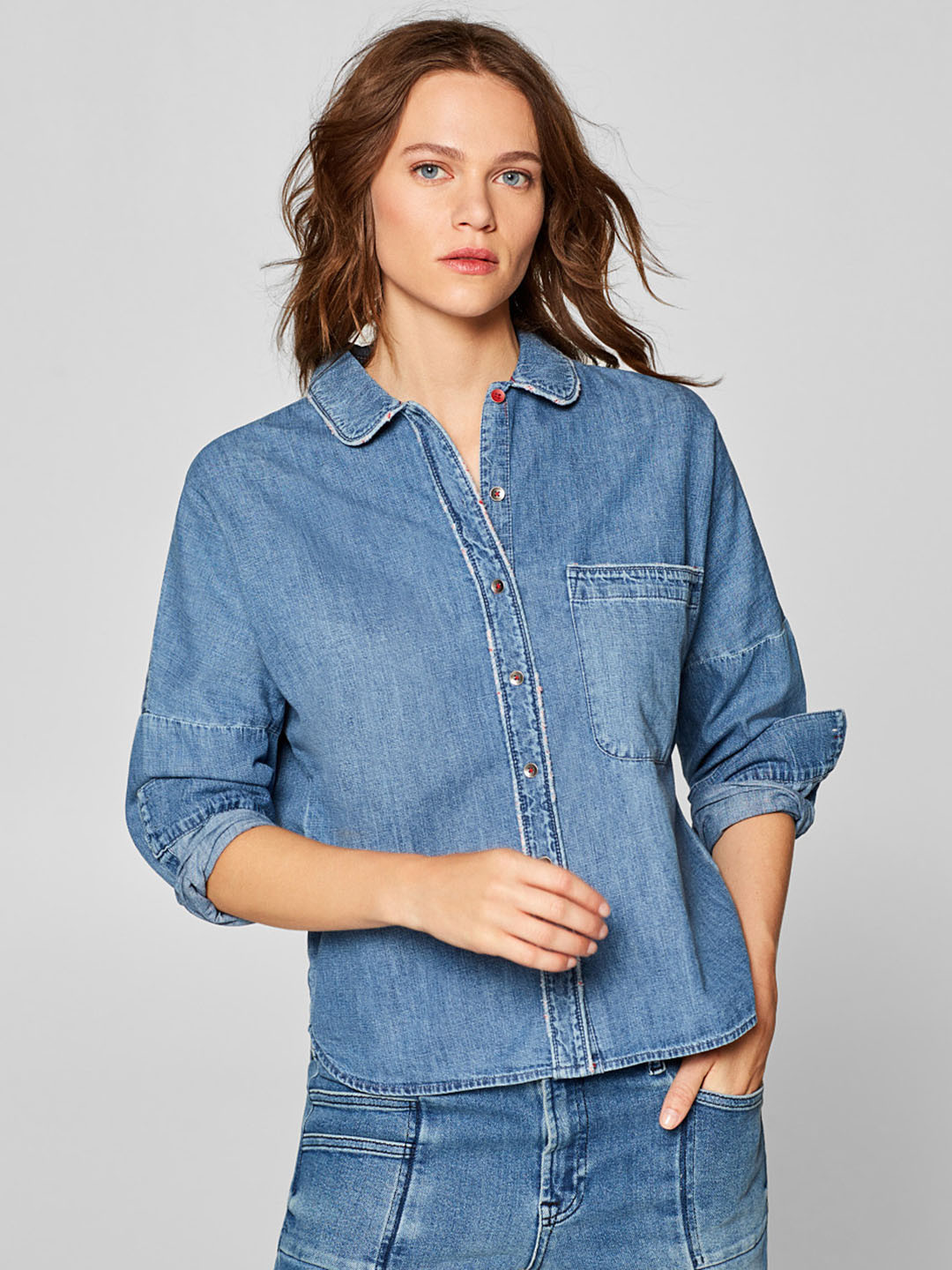 Buy ESPRIT Women Blue Denim Regular Fit Faded Casual Shirt Shirts for