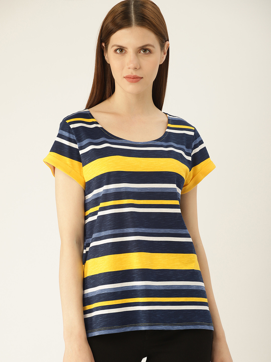 Buy ESPRIT Women Navy Blue Yellow Striped Round Neck Pure Cotton T