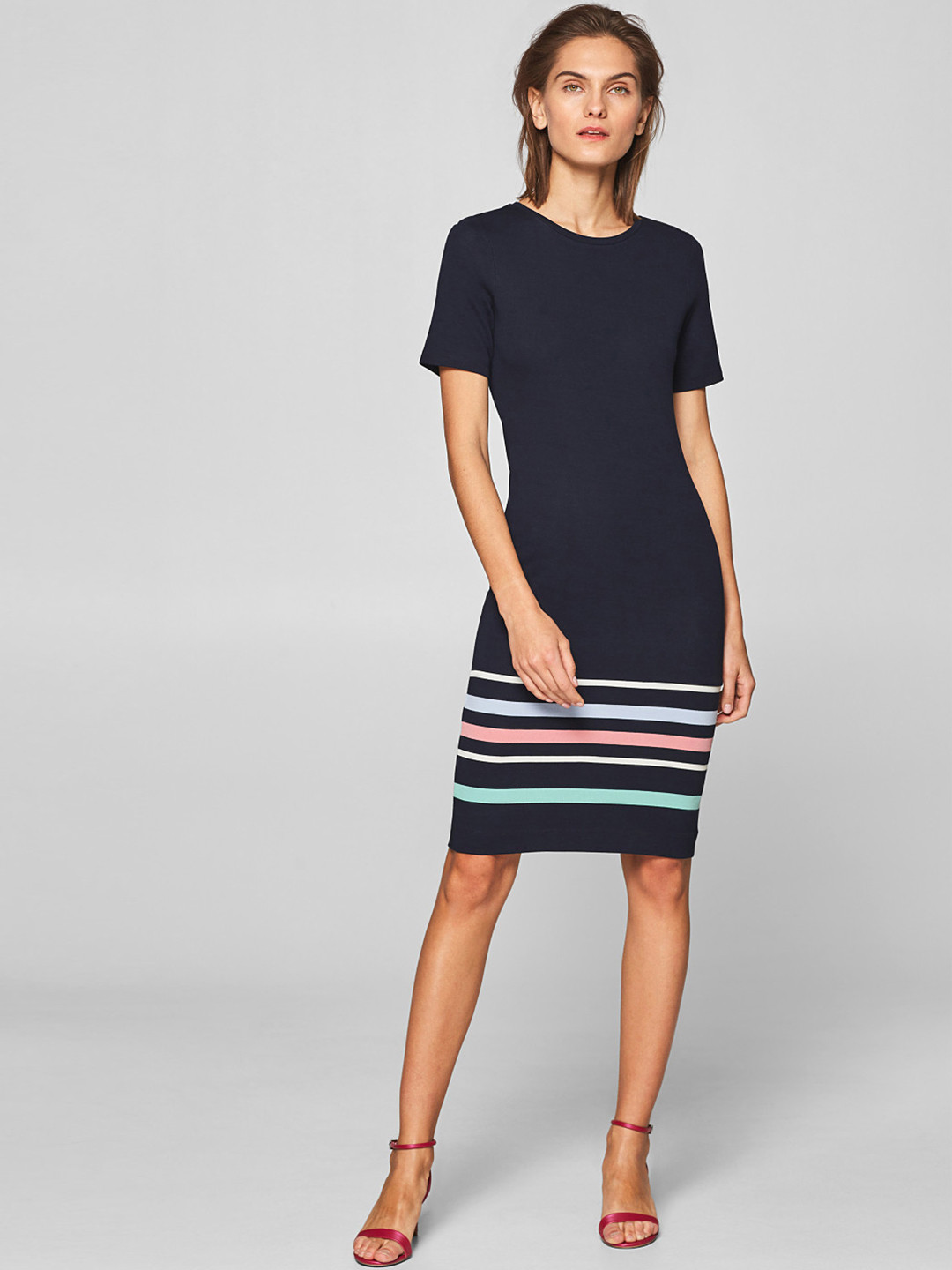 Buy ESPRIT Women Navy Blue Solid Sheath Dress With Striped Detail