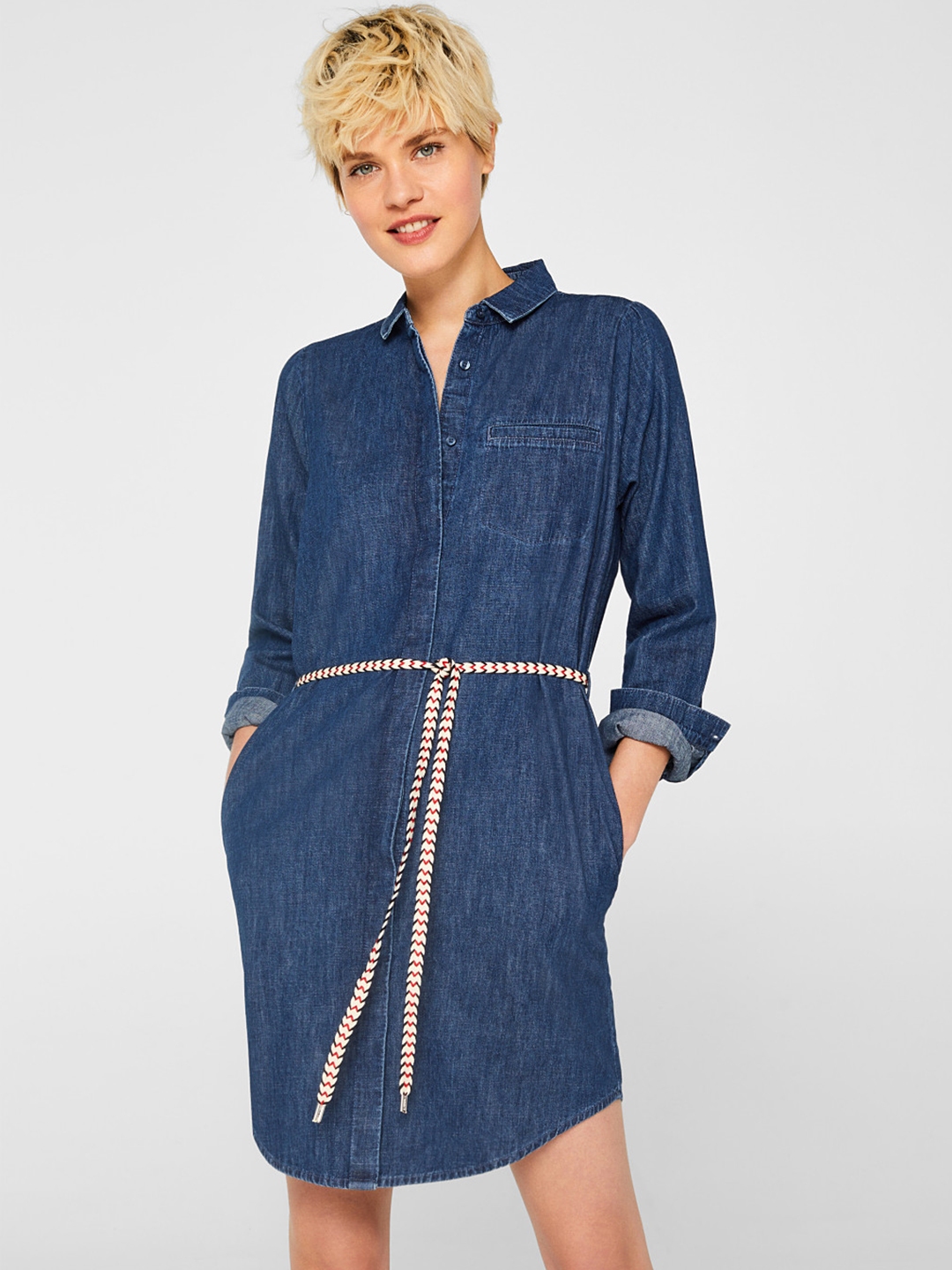 Buy ESPRIT Women Navy Blue Solid Chambray Shirt Dress - Dresses for ...