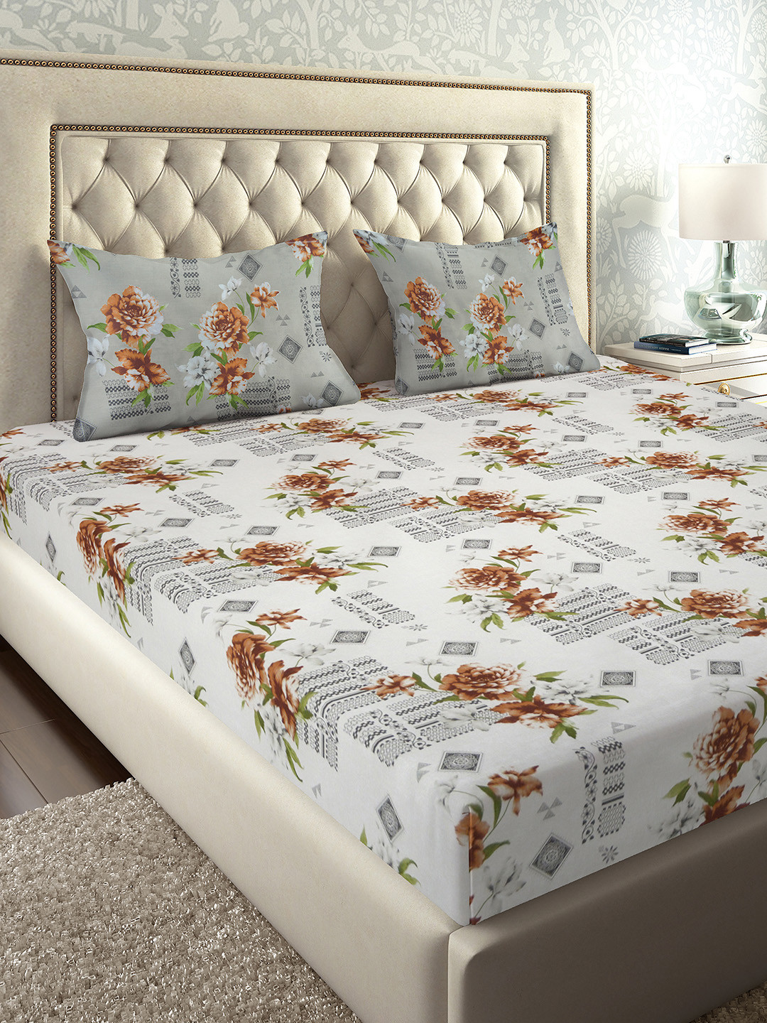 Buy Raymond Home Grey Floral 144 TC Cotton 1 Queen Bedsheet With 2