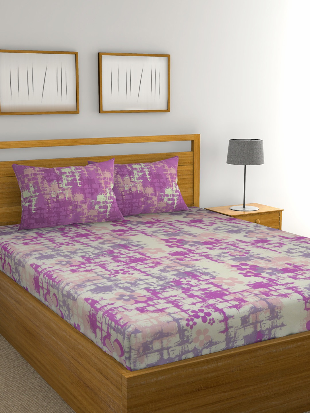 Buy Raymond Home Purple Floral 104 TC Cotton 1 Queen Bedsheet With 2