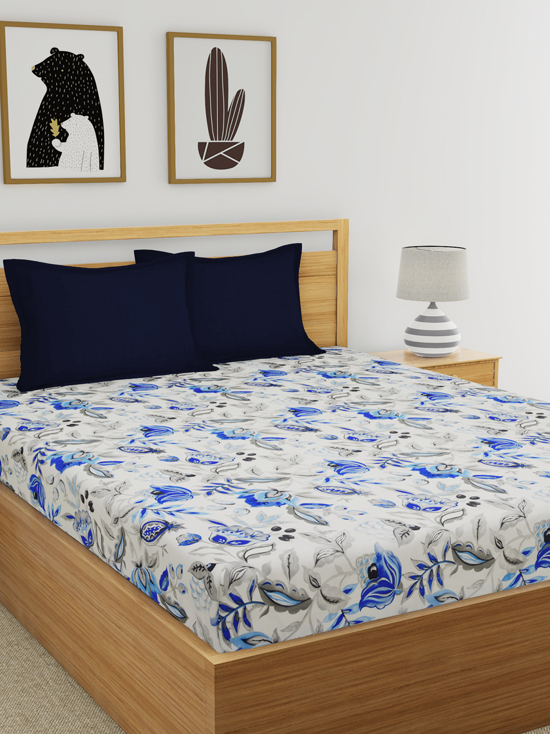 Buy EverHOME White & Blue Floral 144 TC Cotton 1 Queen Bedsheet With 2