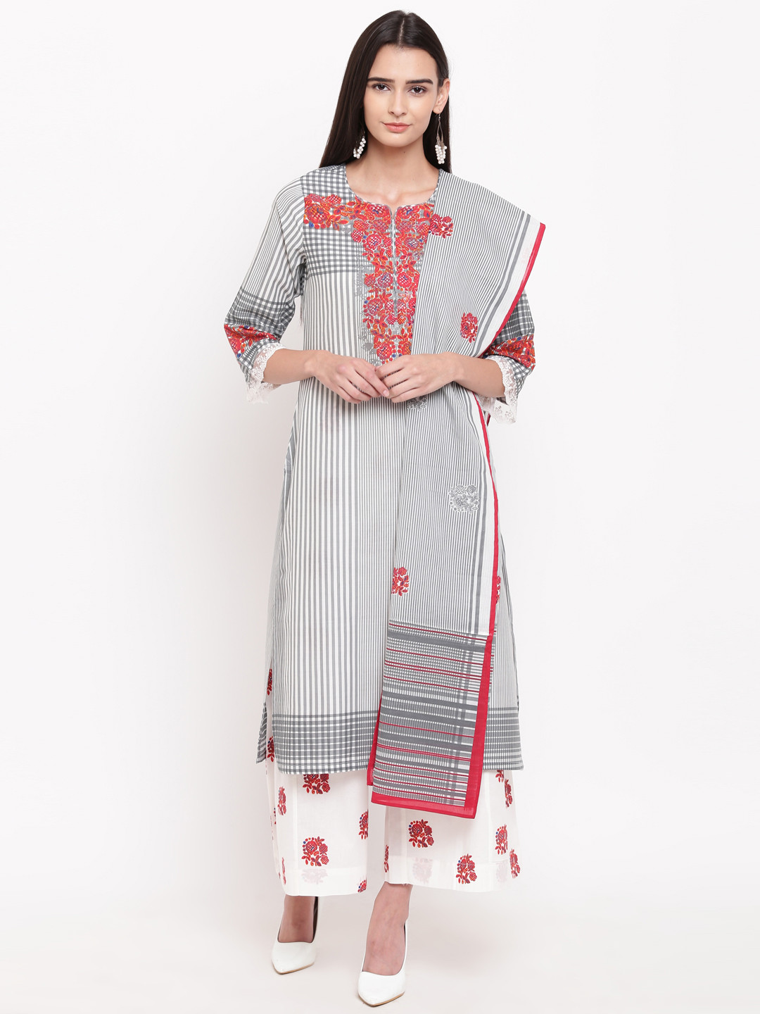 Buy Biba Women Grey & White Printed Kurta With Palazzos & Dupatta