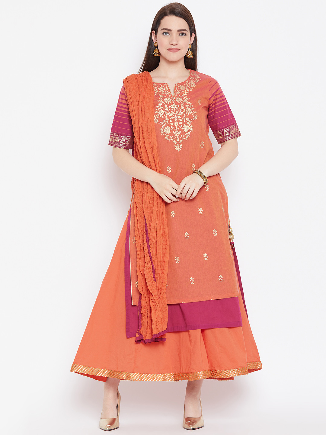 Buy Biba Women Orange & Magenta Printed Kurta With Palazzos & Dupatta - Kurta Sets for Women 