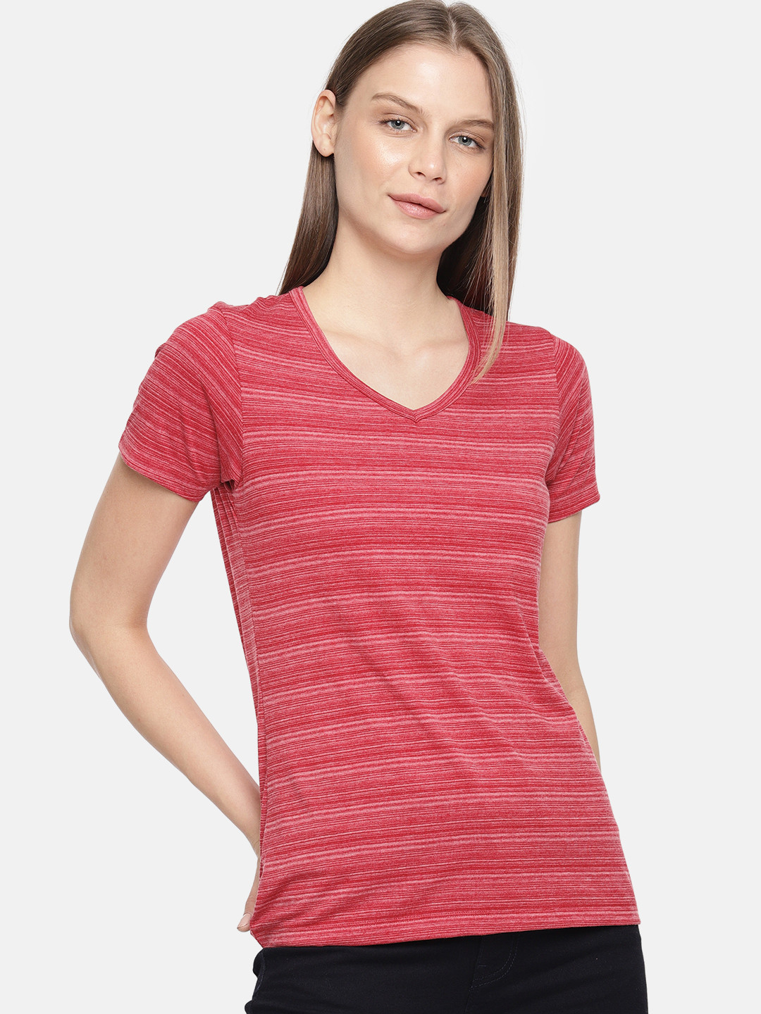 Buy Jockey Women Red & White Striped V Neck Casual T Shirt Tshirts