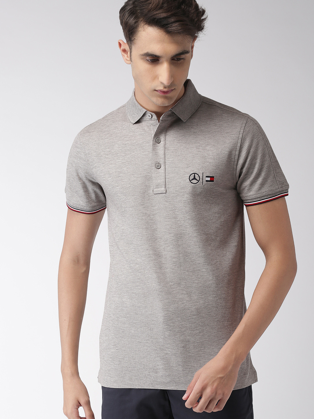 Buy Tommy Hilfiger Men Grey Solid Polo Collar Pure Cotton T Shirt