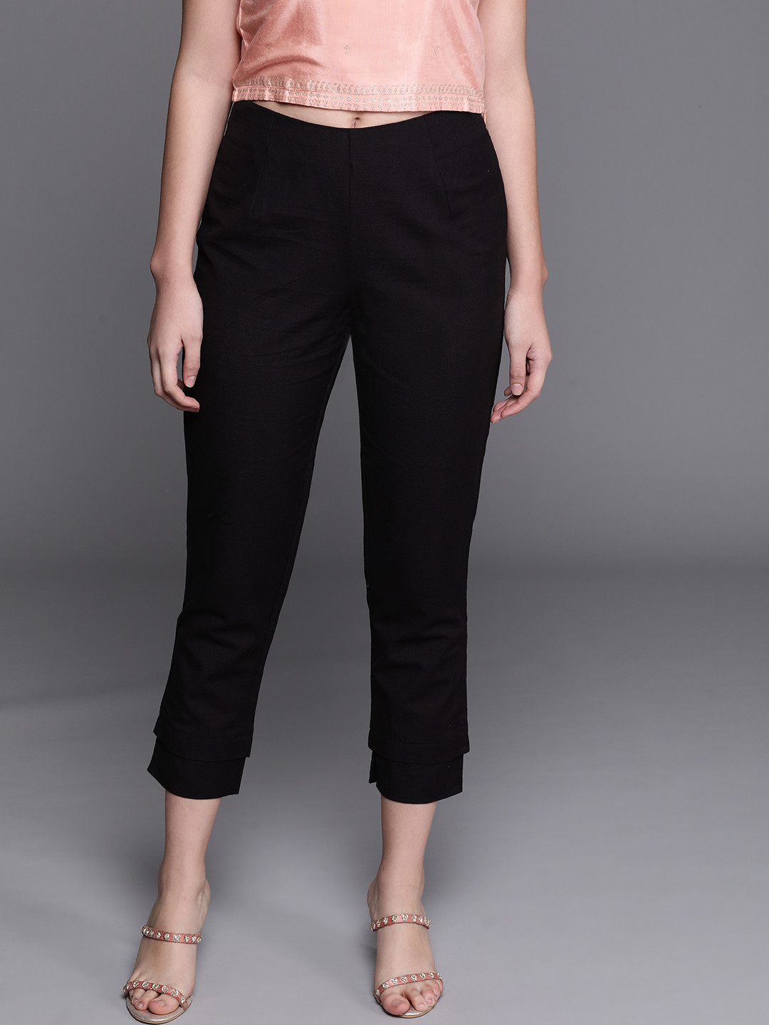 Buy Biba Women Black Solid Cotton Linen Smart Slim Fit Peg Trousers
