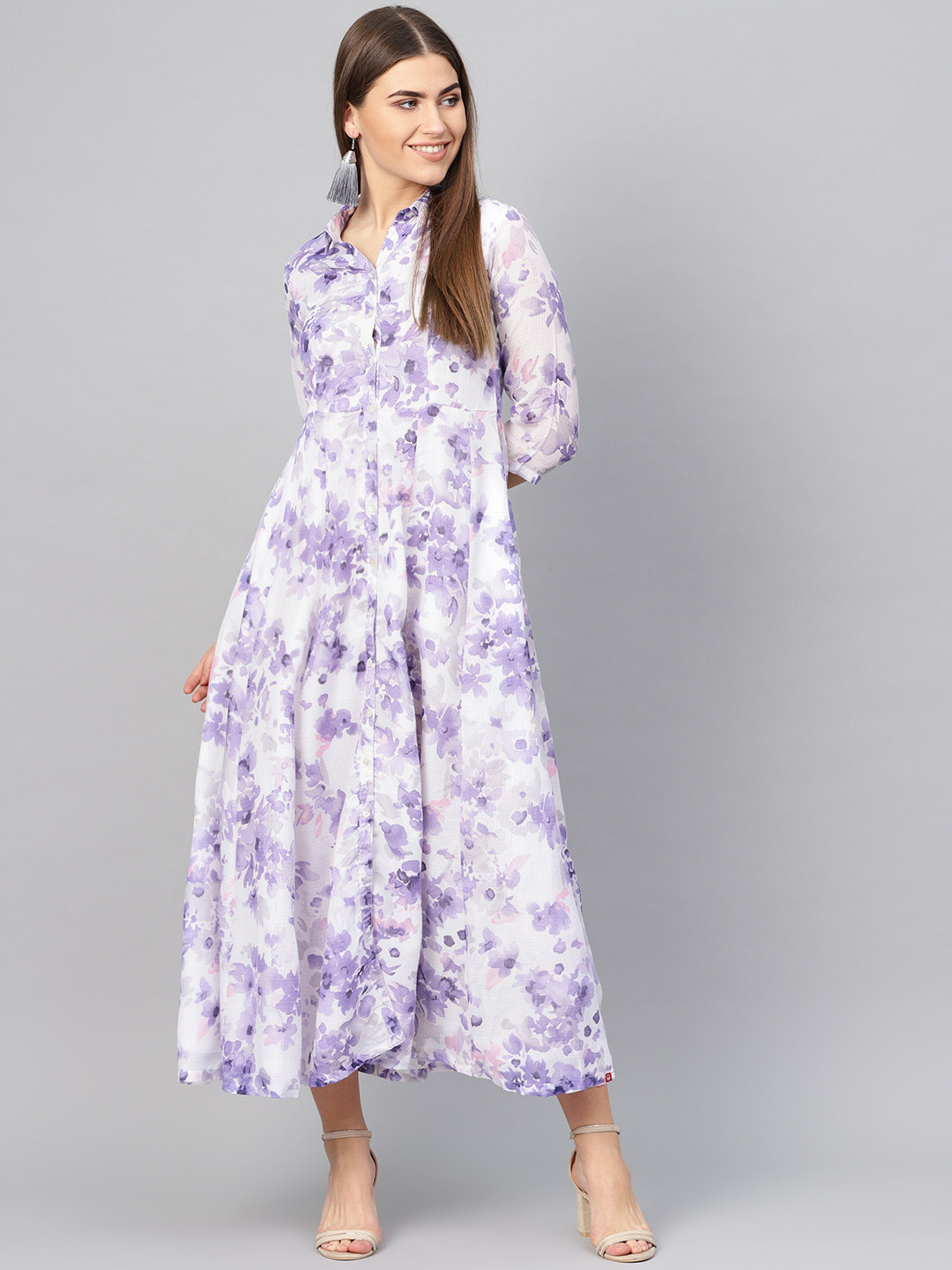 Buy Biba Women Printed White & Lavender Maxi Shirt Dress Dresses for