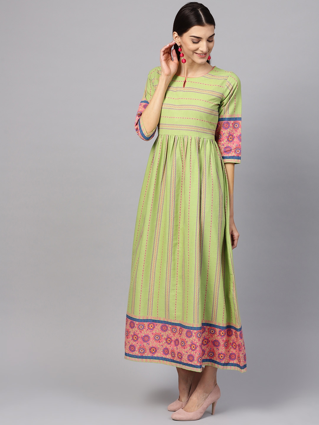 Buy Libas Women Green Striped Maxi Dress - Ethnic Dresses for Women ...