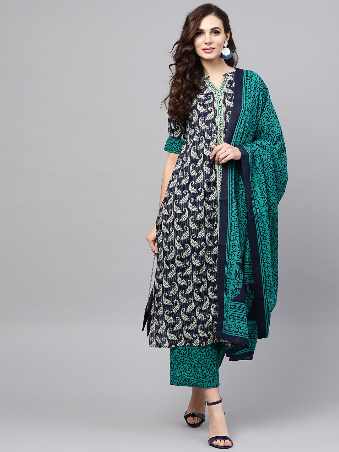 Buy Libas Women Navy Blue & Beige Printed Kurta With Palazzos & Dupatta