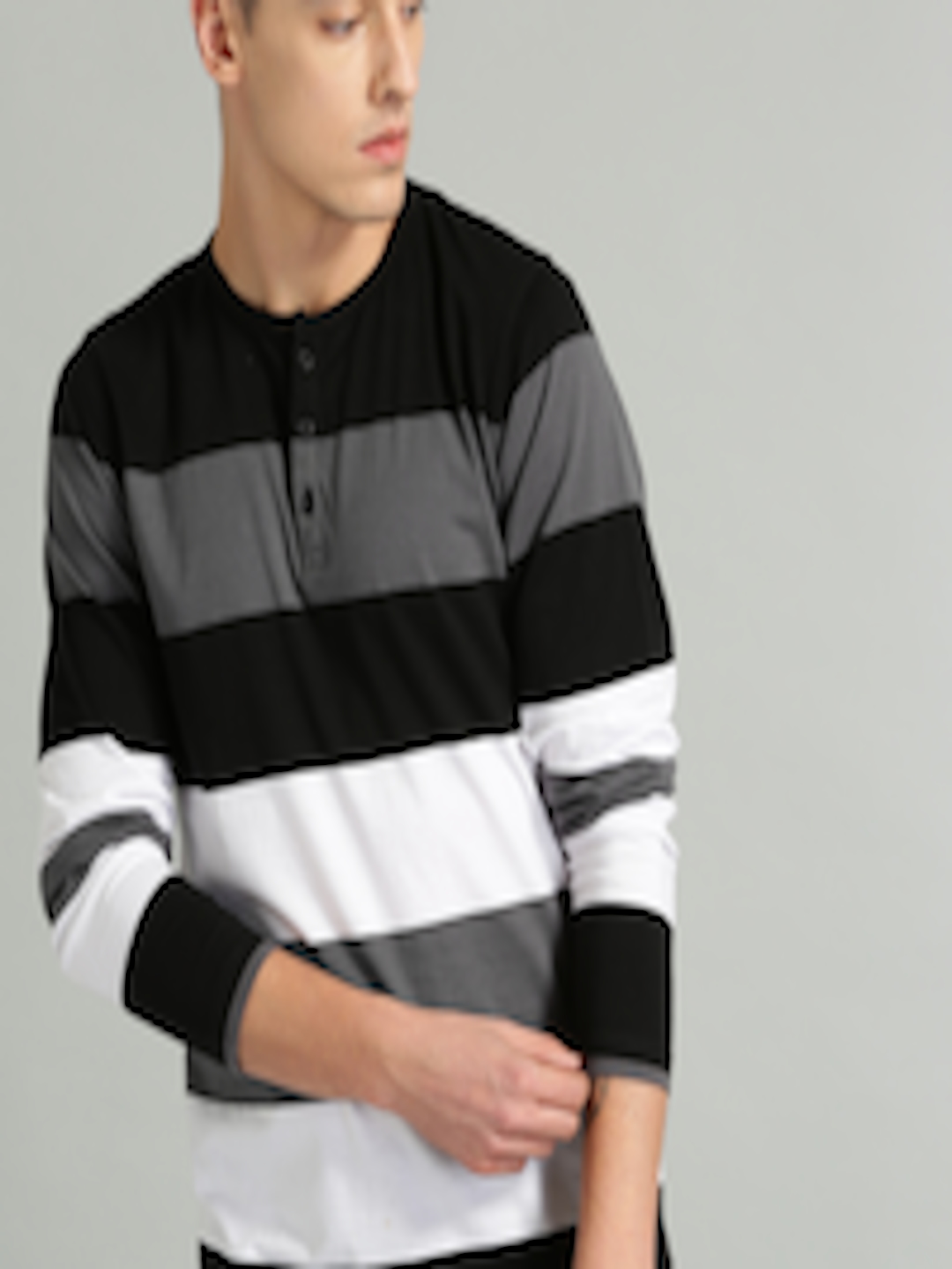 Buy The Roadster Lifestyle Co Men Black & White Colorblocked Henley ...