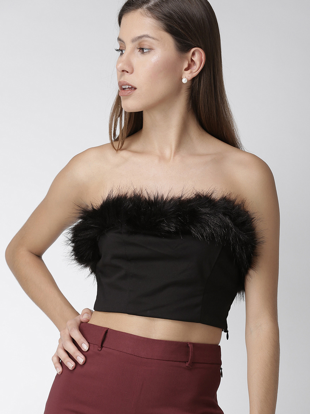 Buy FOREVER 21 Women Black Solid Tube Top With Faux Fur Detail Tops