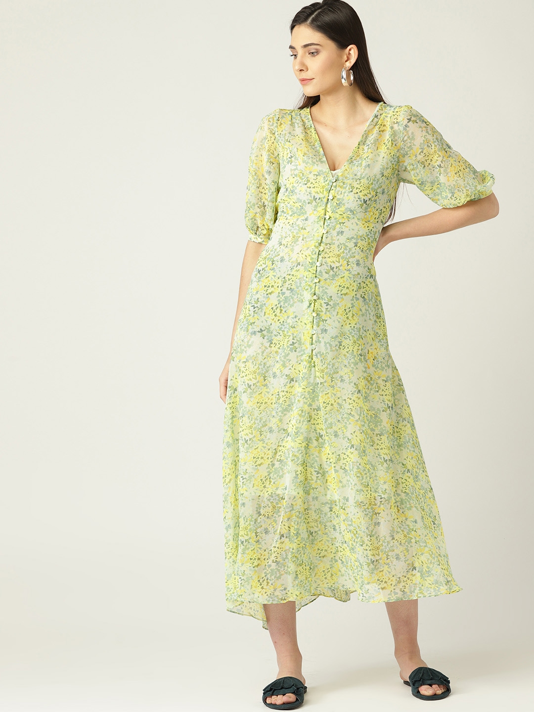 Buy MANGO Women Green Floral Print A Line Dress - Dresses for Women ...