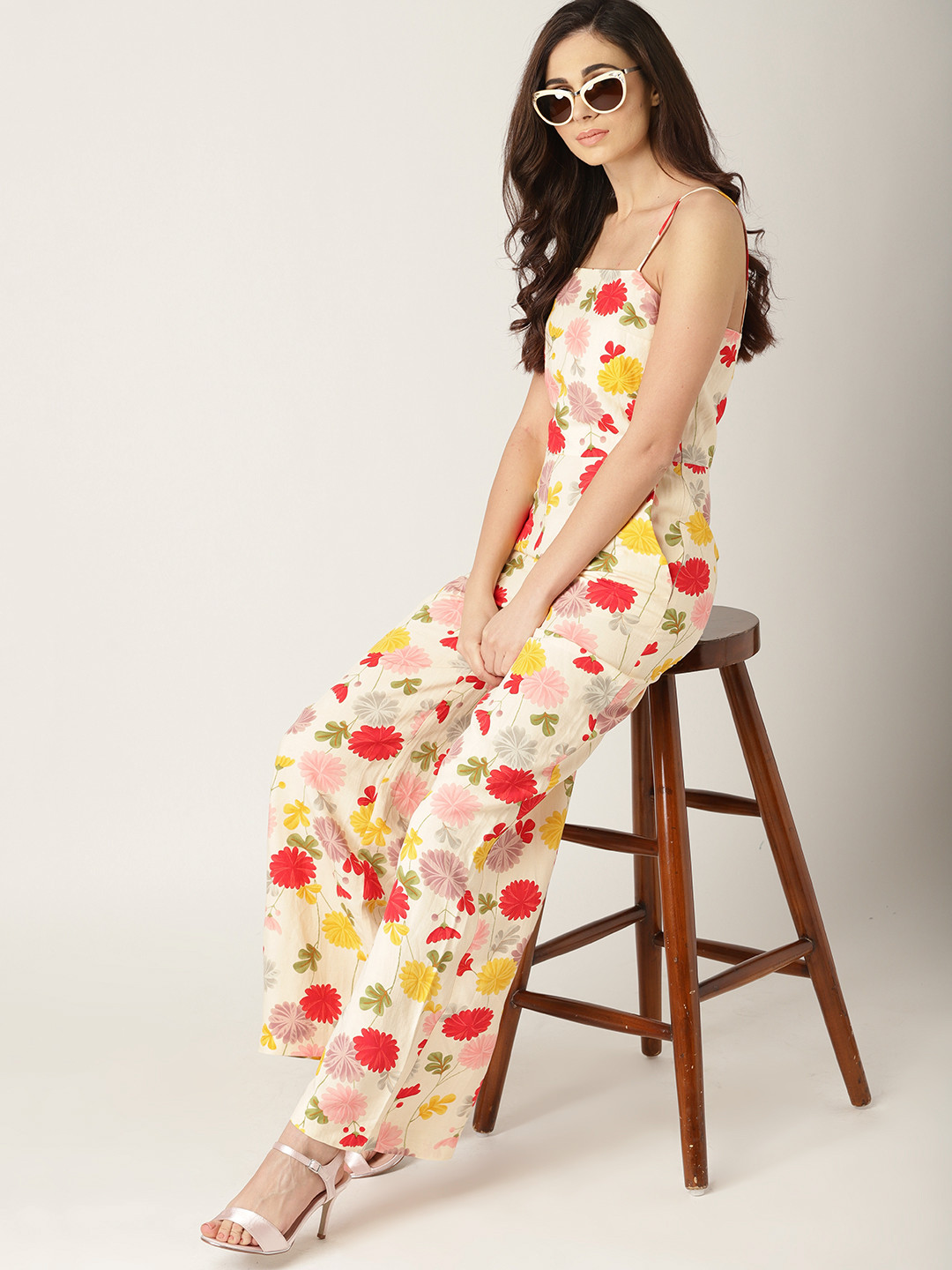 Buy MANGO Women Cream Coloured & Red Printed Basic Jumpsuit Jumpsuit