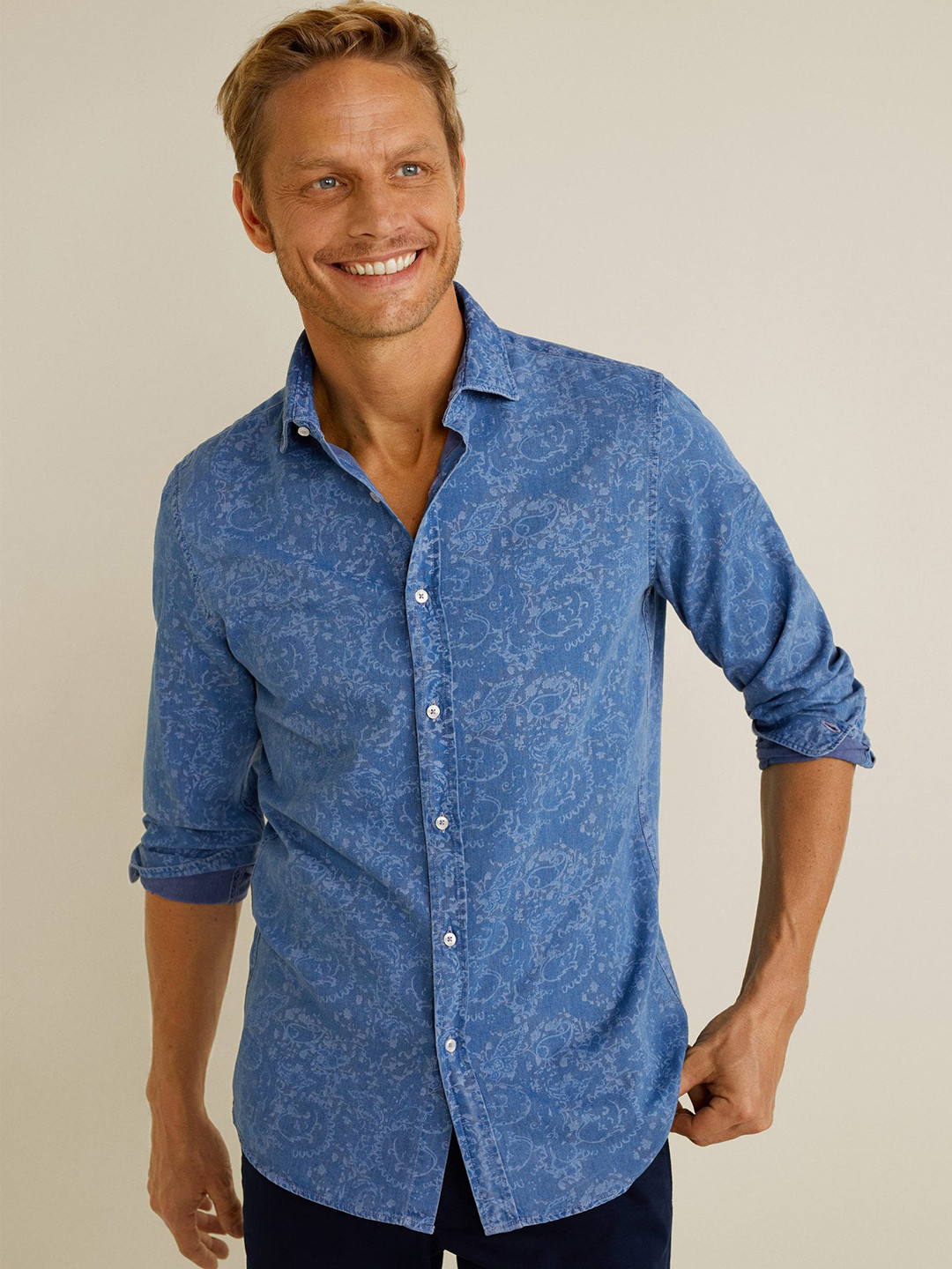 Buy MANGO MAN Men Blue Slim Fit Printed Chambray Casual Shirt Shirts for Men 9350115 Myntra