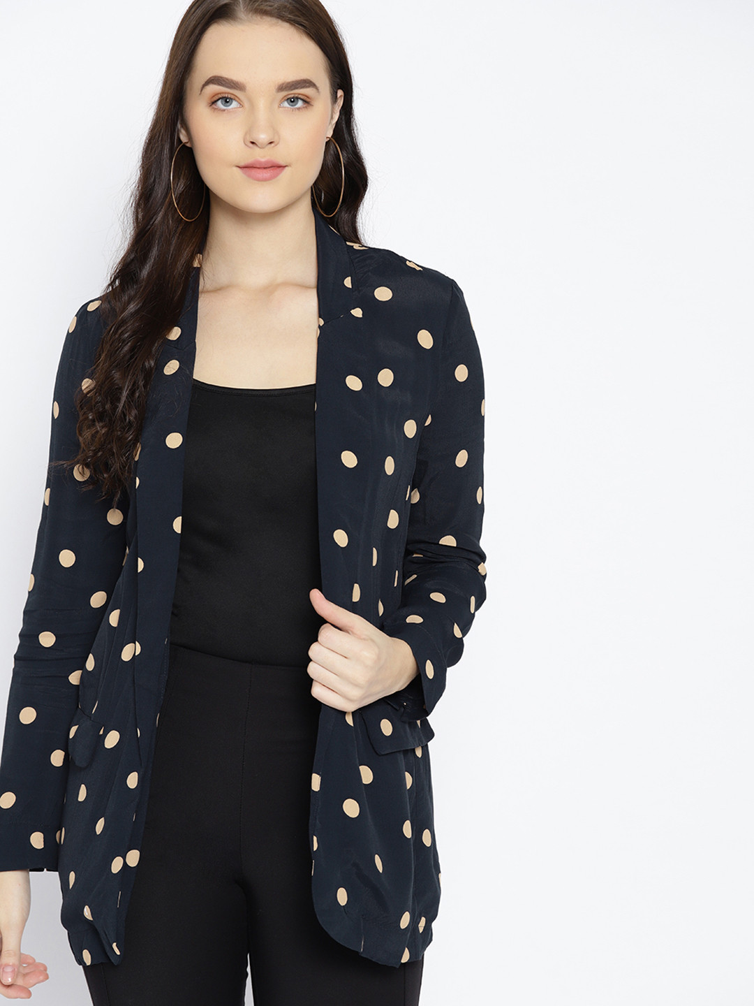 Buy MANGO Women Navy Blue & Beige Printed Open Front Blazer Blazers