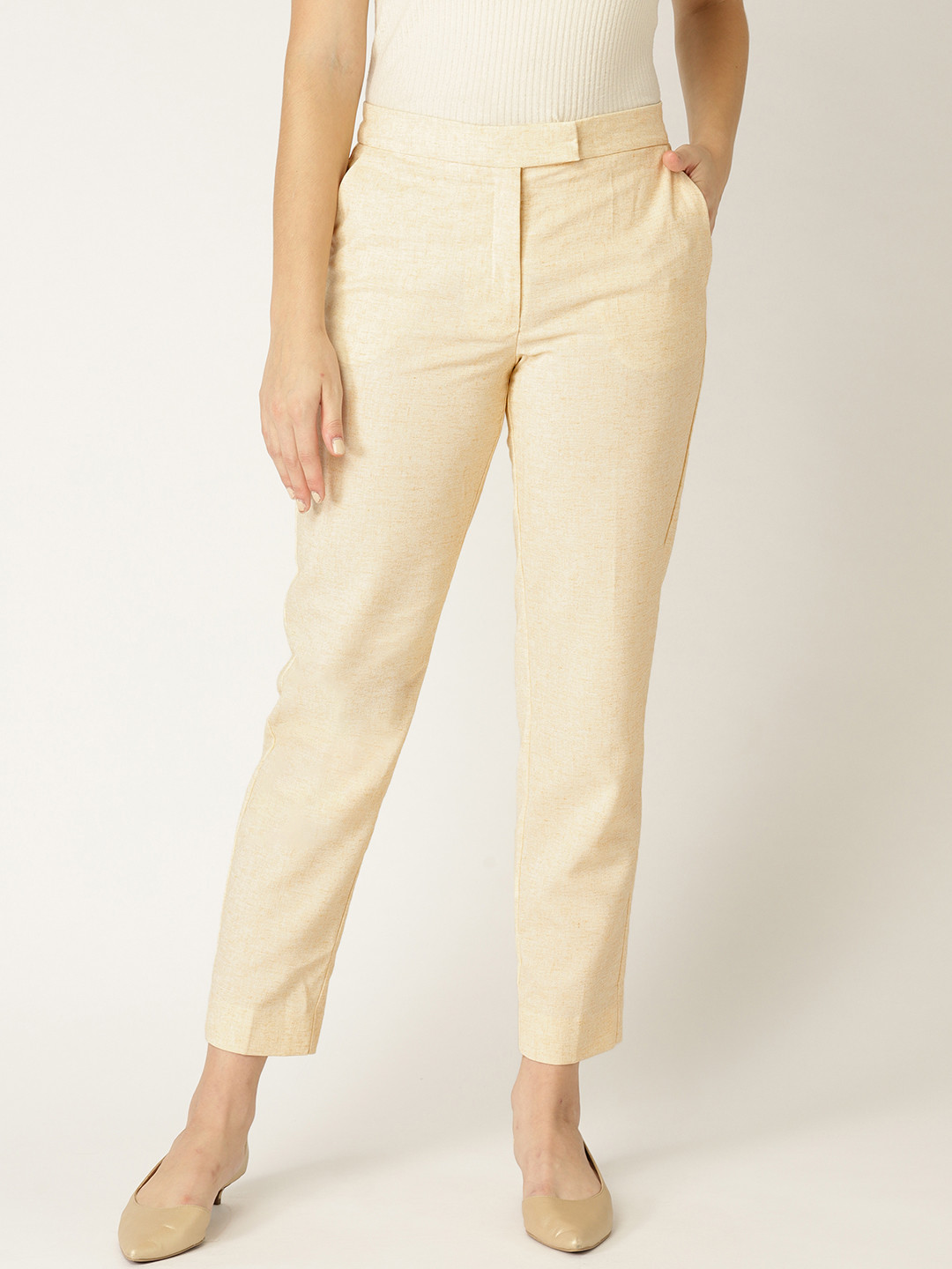 Buy MANGO Women Cream Coloured Solid Cropped Trousers Trousers for