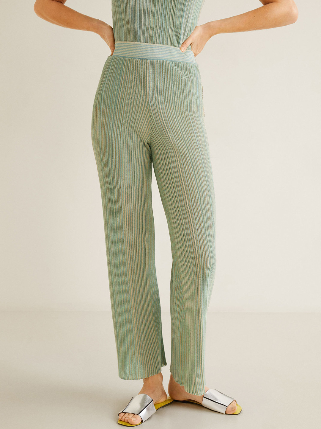 Buy MANGO Women Green & Beige Regular Fit Striped Trousers Trousers