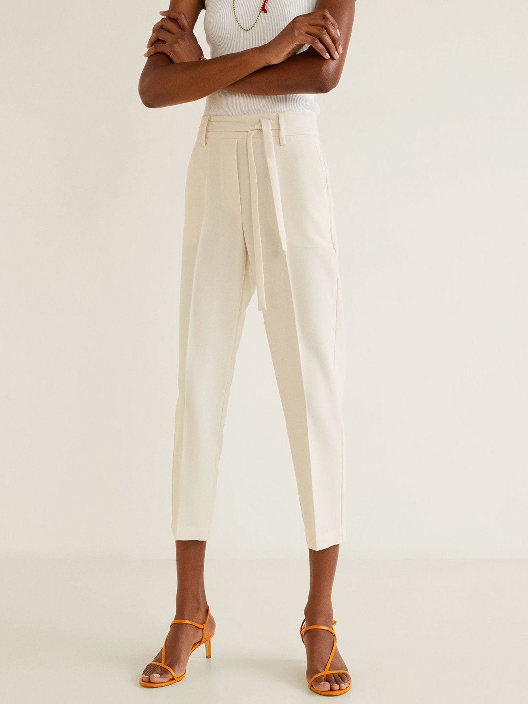 Buy MANGO Women Cream Coloured Regular Fit Solid Peg Trousers