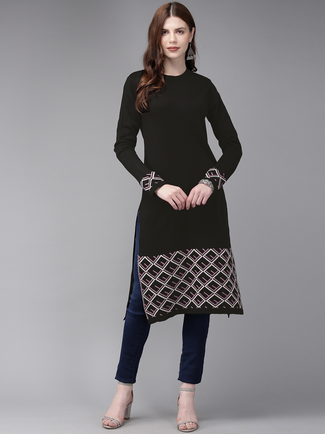 Buy Anouk Women Black & Off White Woven Design Straight Sweater Kurta ...