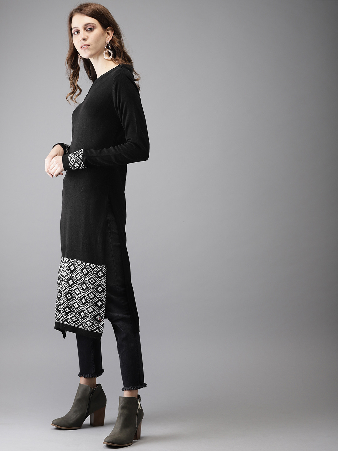 Buy Anouk Women Black & White Woven Design Straight Sweater Kurta - Kurtas for Women 9360133 
