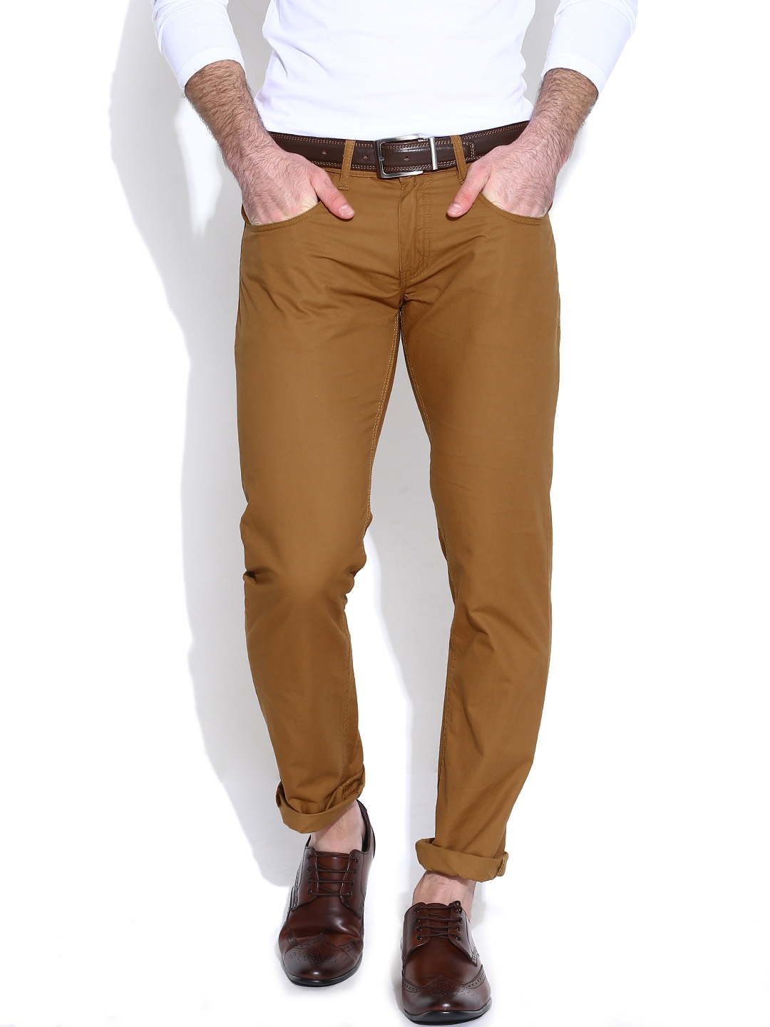 Buy People Mustard Brown Casual Trousers - Trousers for Men 936487 | Myntra