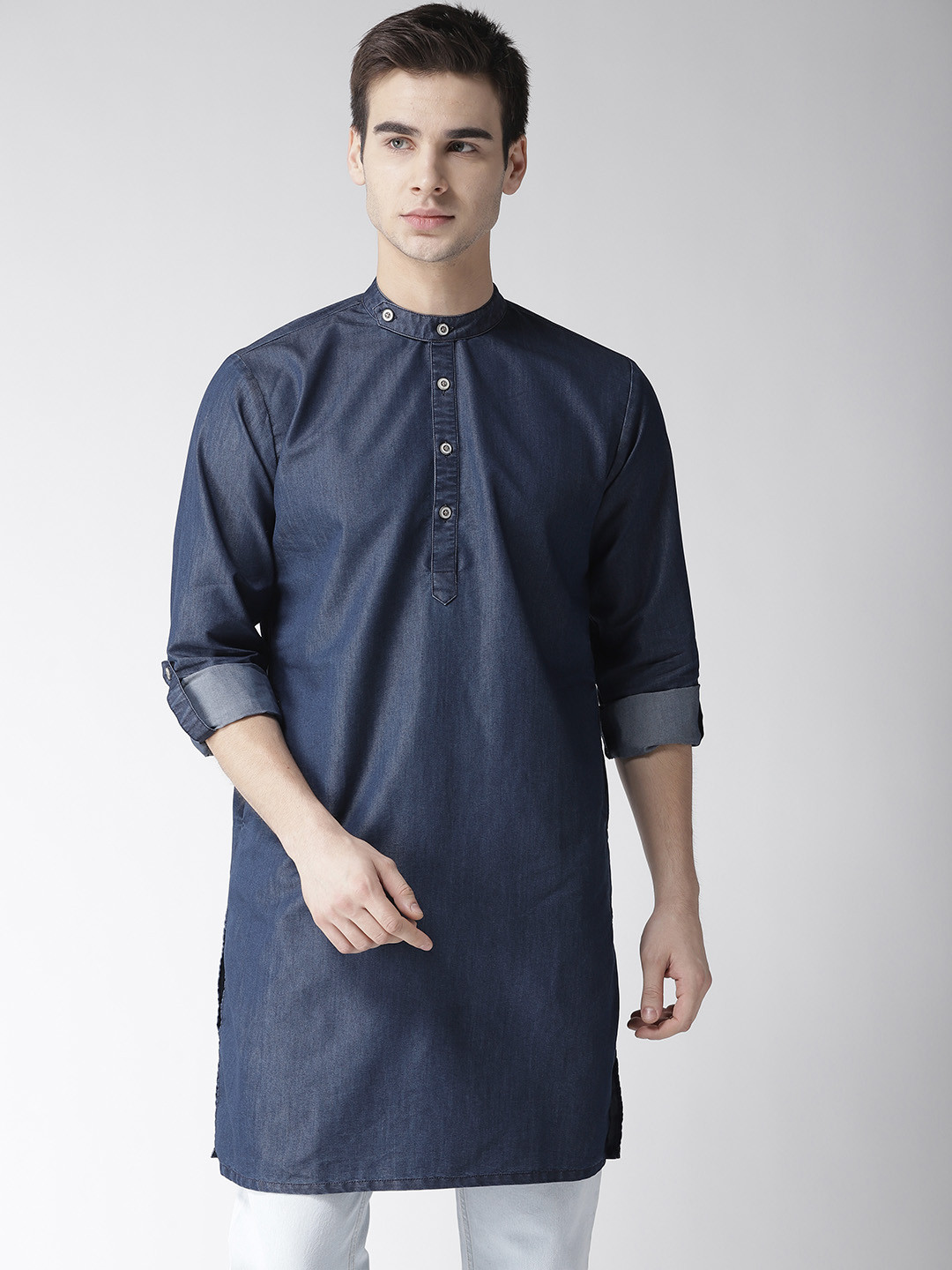 Buy Style Quotient Men Navy Blue Solid Denim Straight Kurta Kurtas