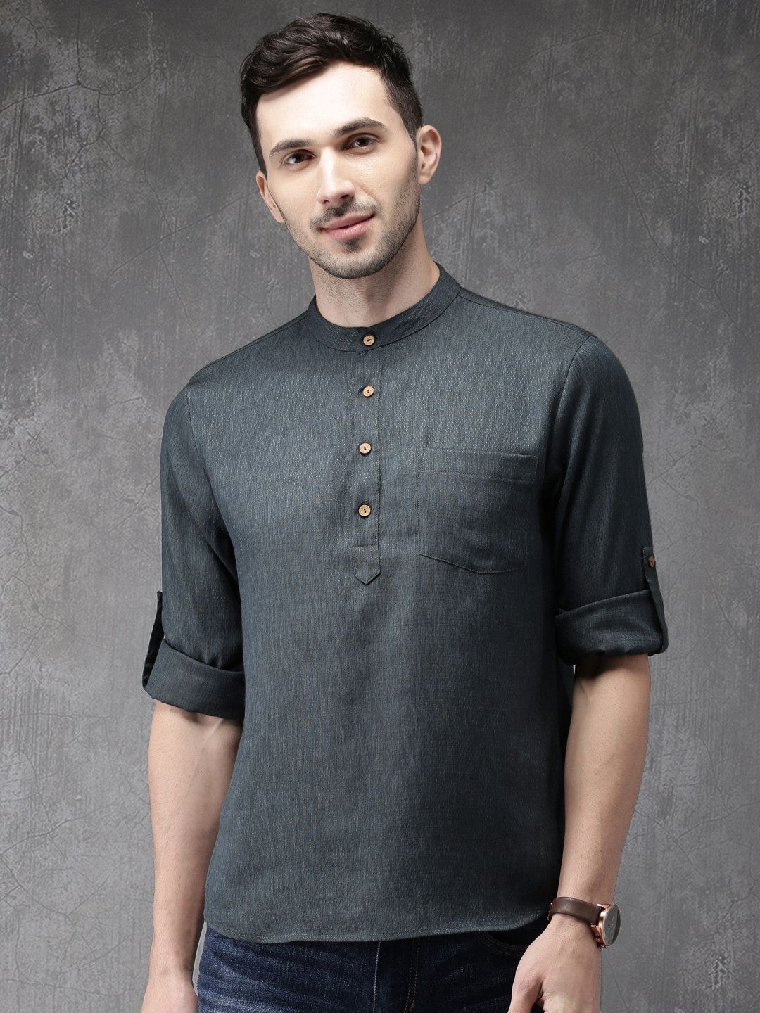 Buy Anouk Men Charcoal Grey & Blue Woven Design Straight Kurta Kurtas