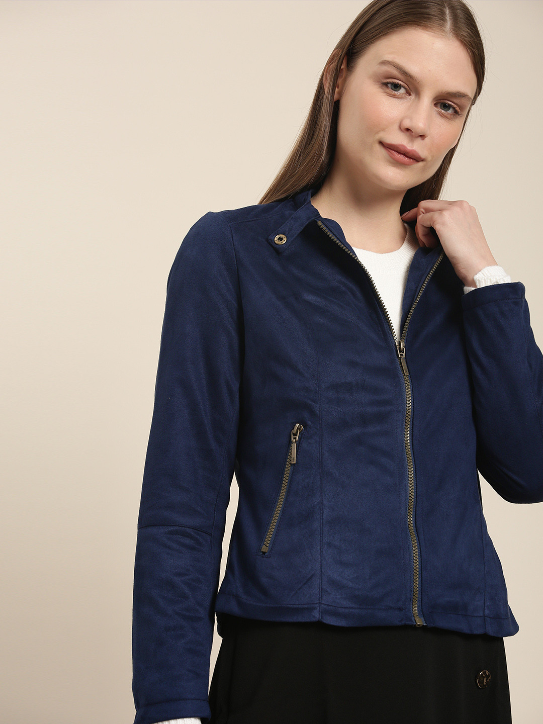 Buy Her By Invictus Women Navy Blue Solid Jacket Jackets for Women
