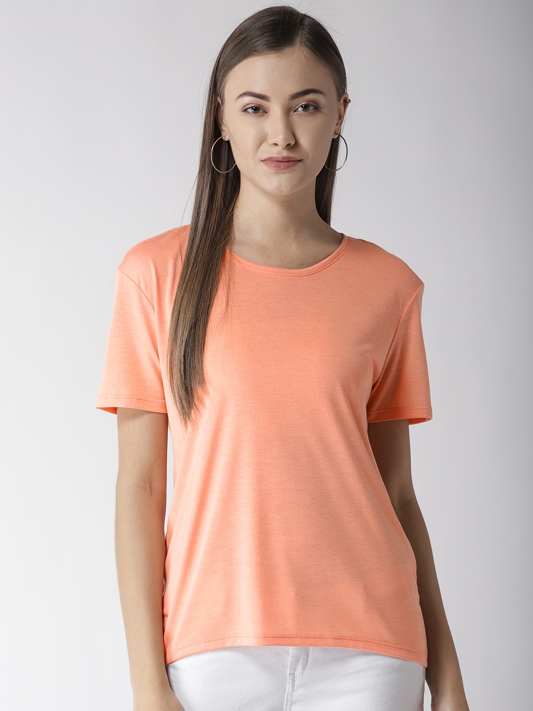 Buy Marks & Spencer Women Coral Orange Solid Round Neck T Shirt ...