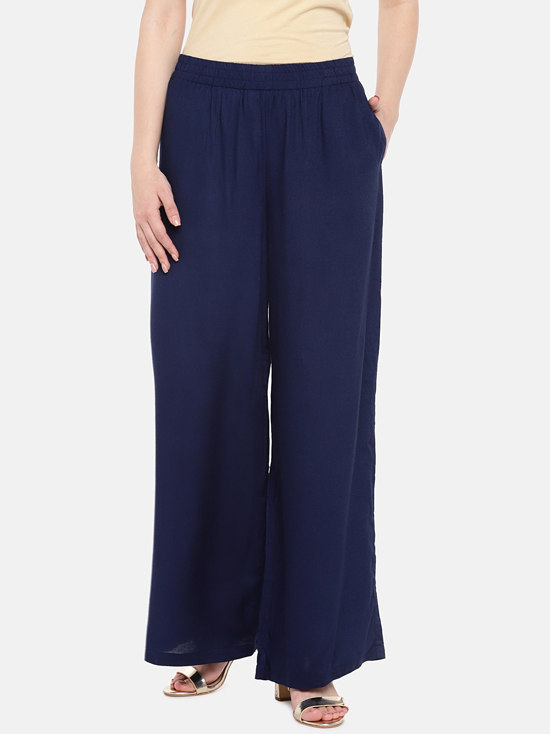 Buy Ethnicity Women Navy Blue Solid Straight Palazzos - Palazzos for ...