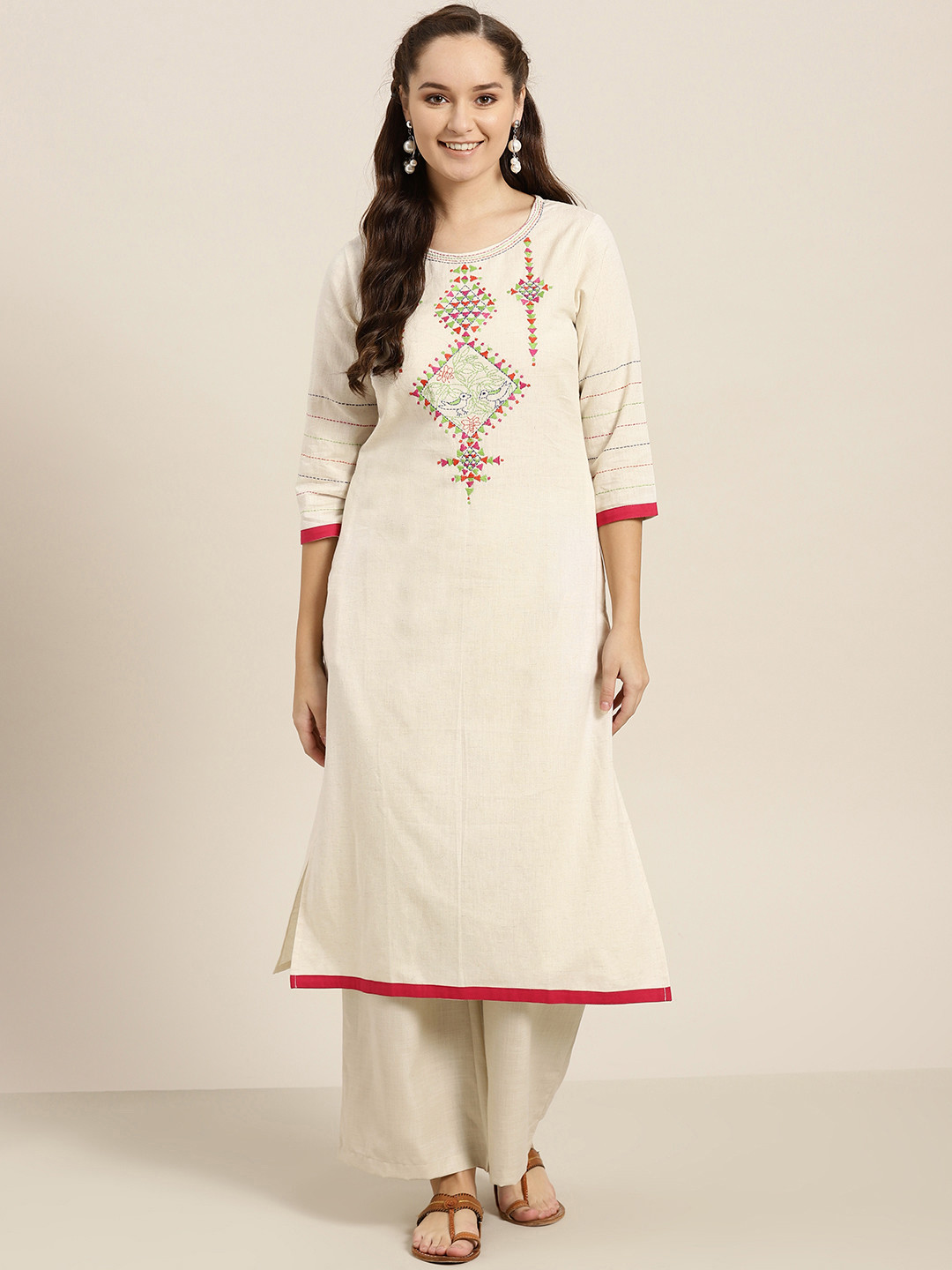 Buy Sangria Women Cream Coloured Embroidered Straight Kurta Kurtas
