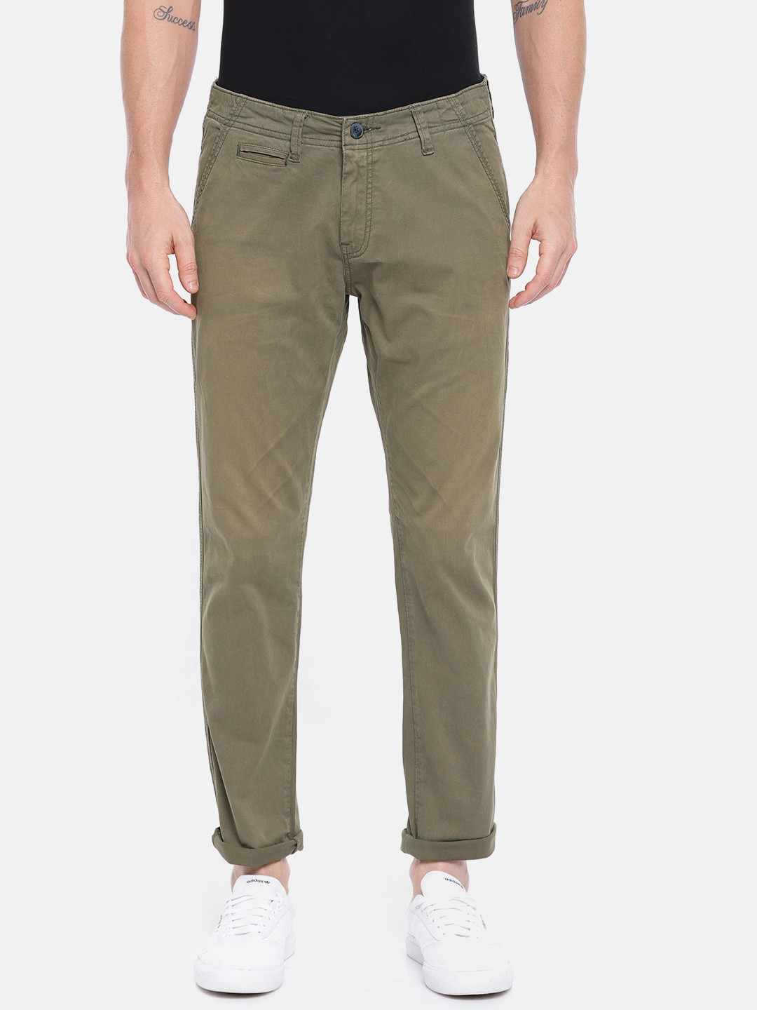 Buy People Men Olive Green Slim Fit Solid Chinos - Trousers for Men ...