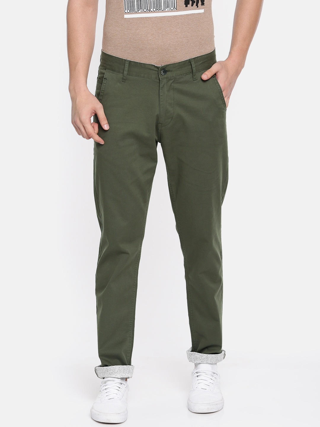 Buy People Men Olive Green Slim Fit Solid Chinos - Trousers for Men ...