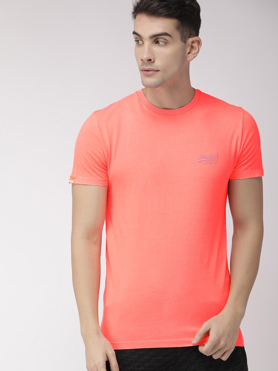 Buy Superdry Men Coral Pink Solid LABEL NEON Round Neck Pure Cotton T