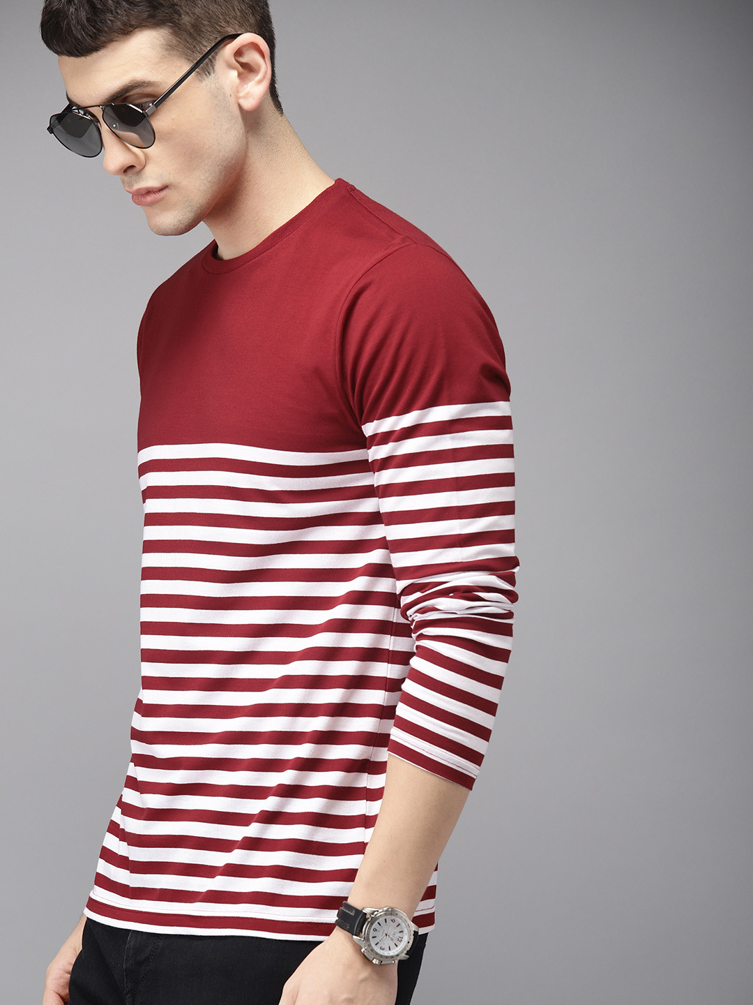 Men's Burgundy Striped Round Neck T-Shirt