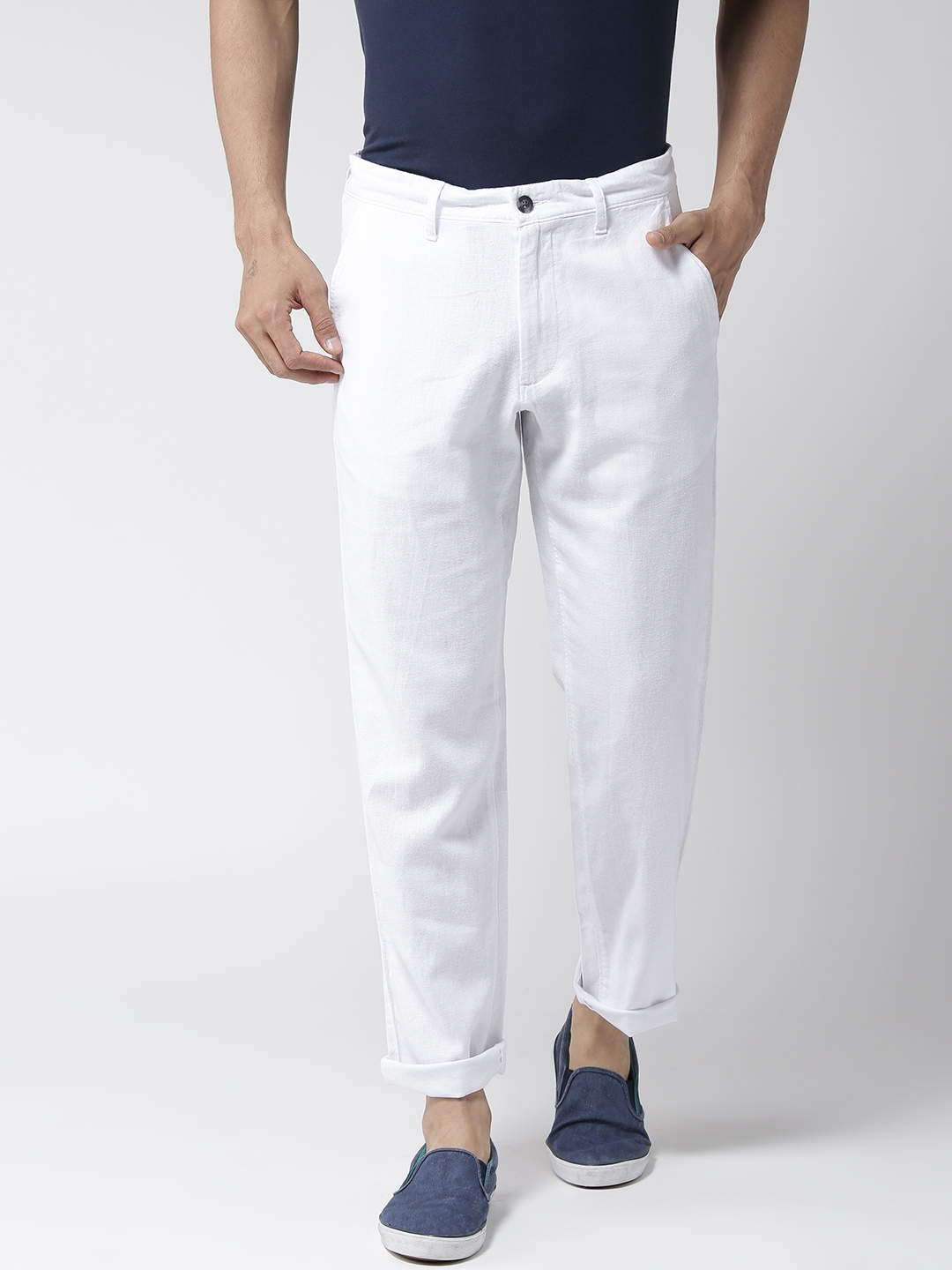 Buy Marks & Spencer Men White Regular Fit Solid Trousers - Trousers for ...