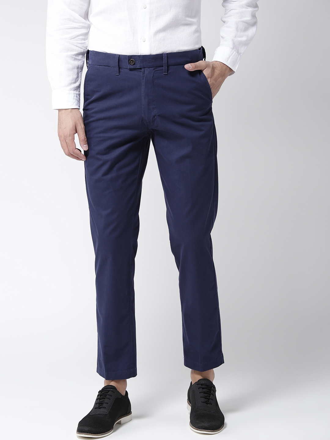 Buy Marks & Spencer Men Navy Blue Regular Fit Solid Trousers - Trousers ...