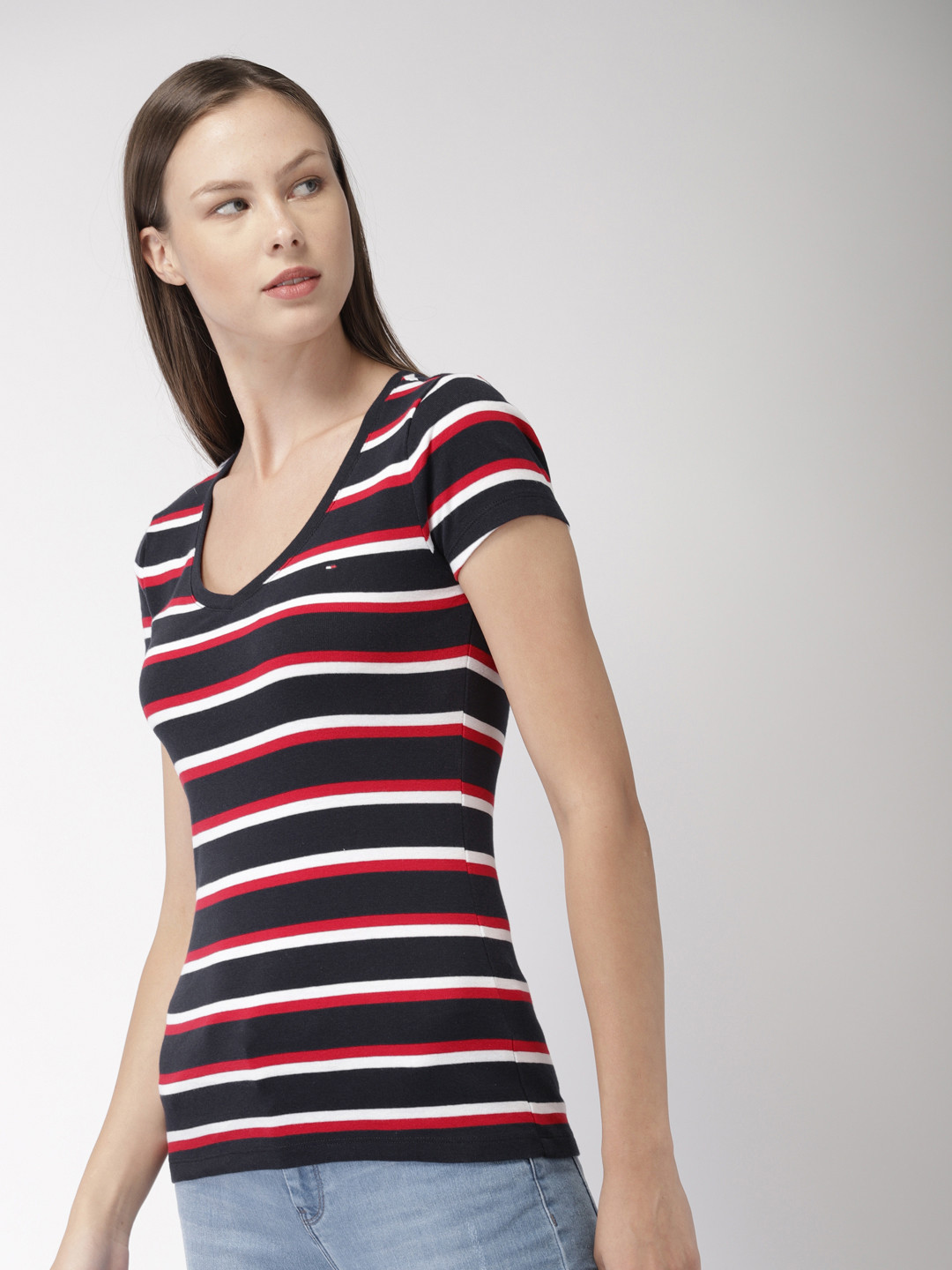 Buy Tommy Hilfiger Women Navy Red Striped V Neck Pure Cotton T Shirt