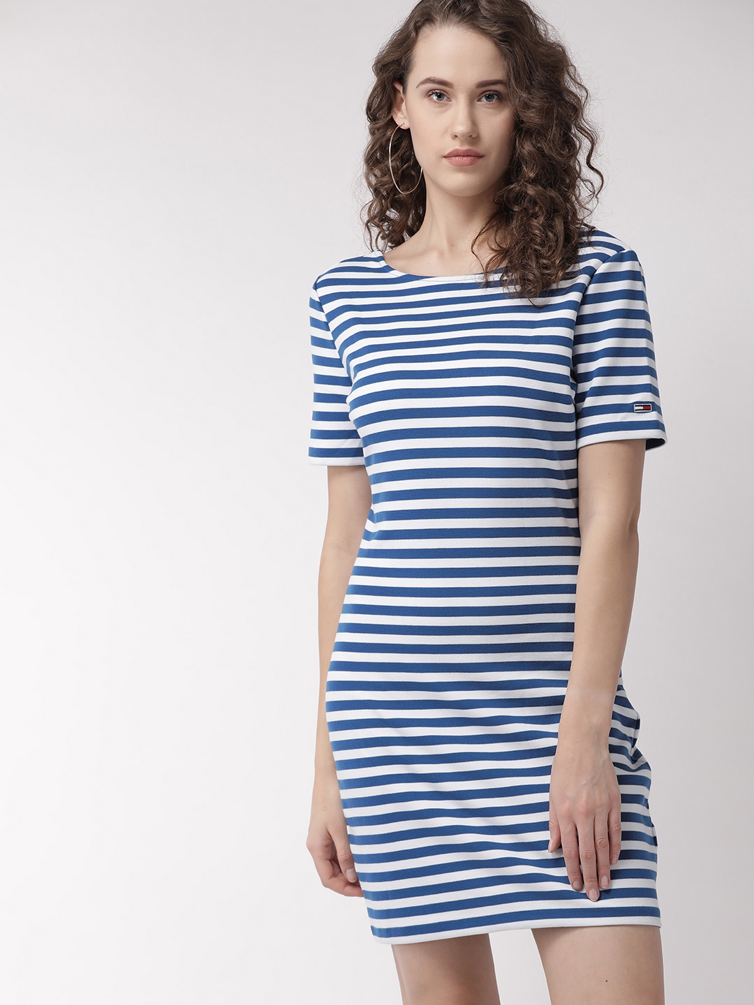 Buy Tommy Hilfiger Women White & Navy Blue Striped Sheath Dress ...