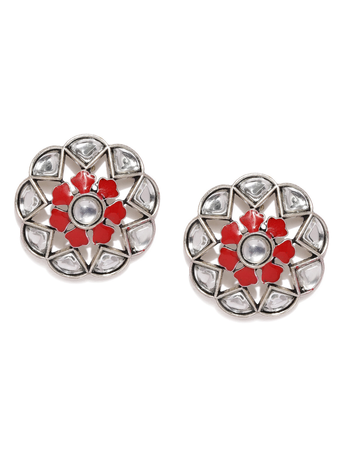Buy Justpeachy Oxidized Silver Toned & Red Embellished Circular Studs