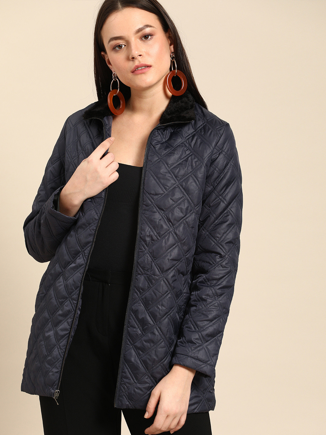 Buy DressBerry Women Navy Blue Solid Quilted Jacket With Faux Fur Trim