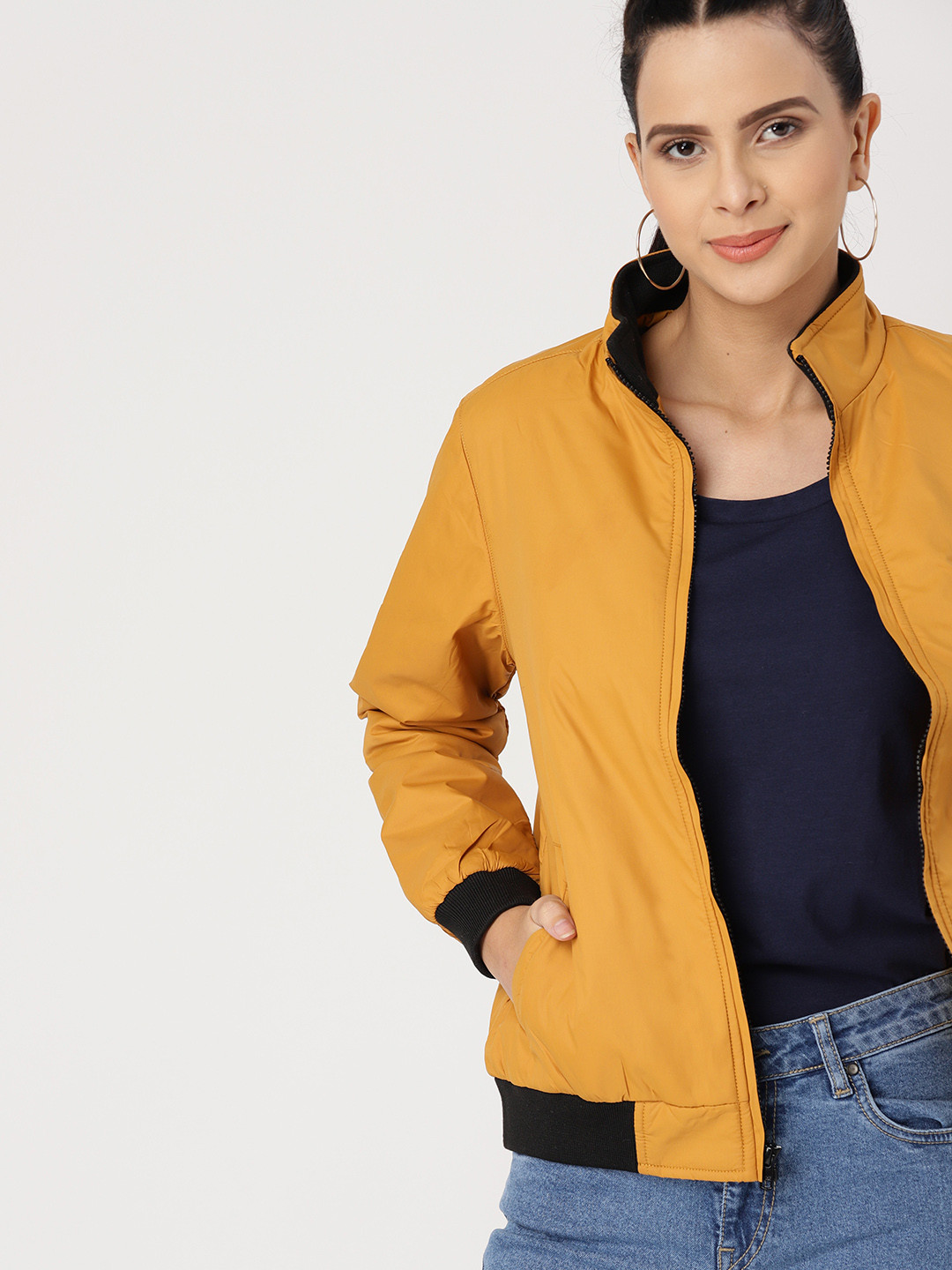 Buy DressBerry Women Mustard Yellow Solid Bomber Jacket Jackets for
