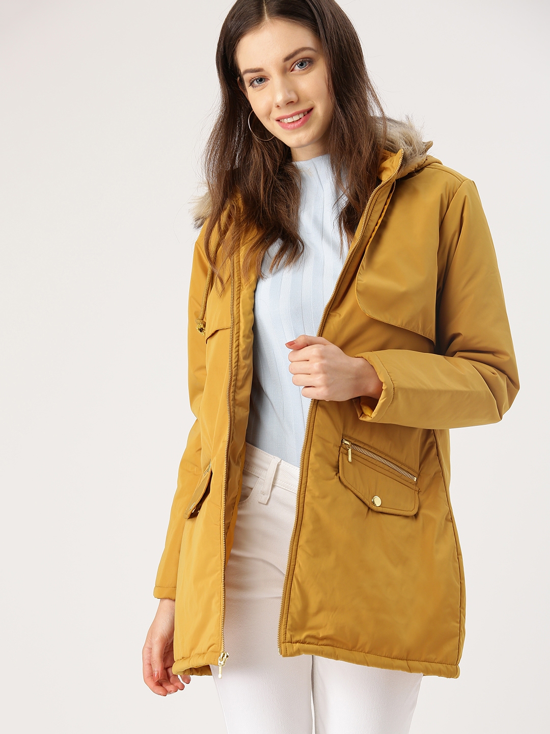Buy DressBerry Women Mustard Yellow Solid Hooded Parka Jacket - Jackets