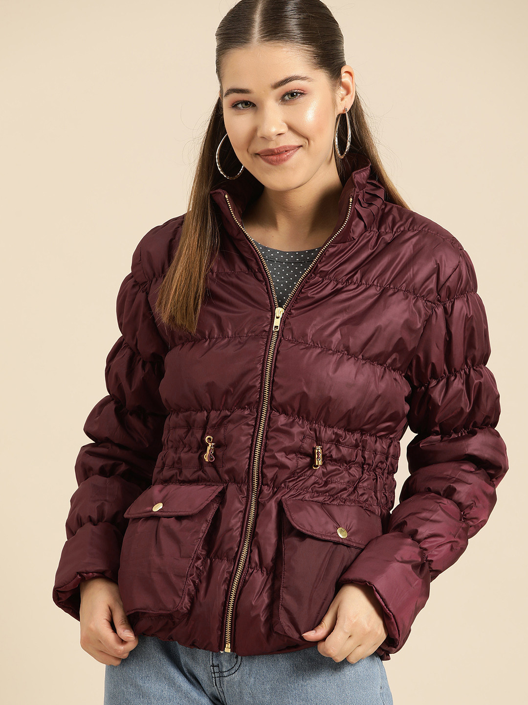 Buy DressBerry Women Maroon Gathered Detail Solid Puffer Jacket