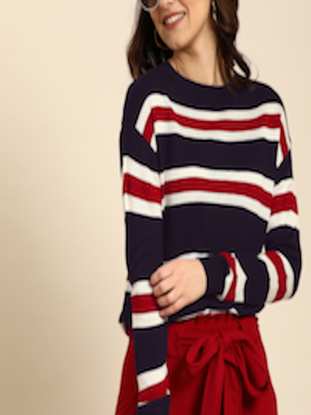Buy DressBerry Women Navy Blue & Red Striped Pullover Sweater ...