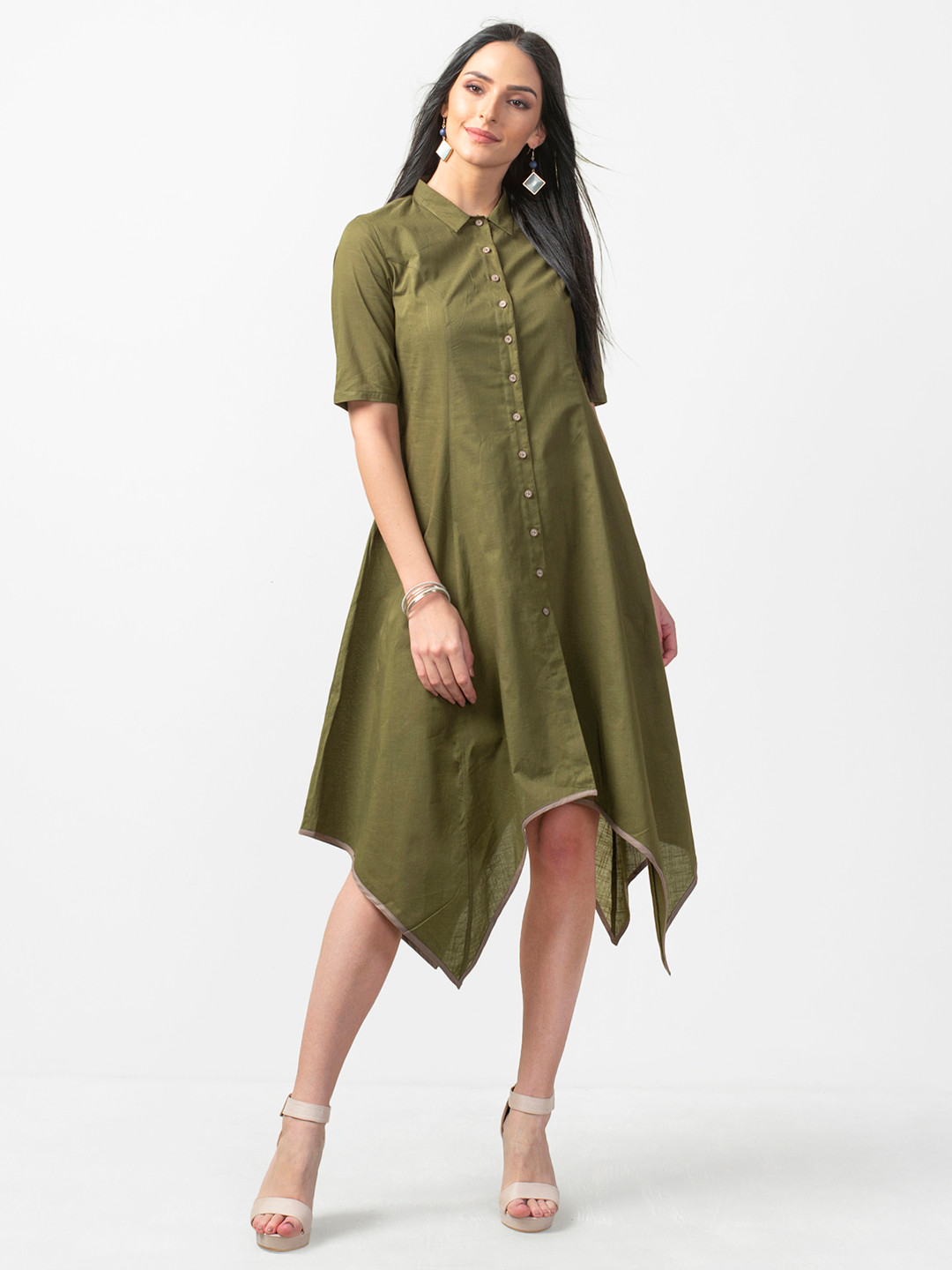 Buy Fabindia Women Olive Green Solid Shirt Dress Dresses for Women